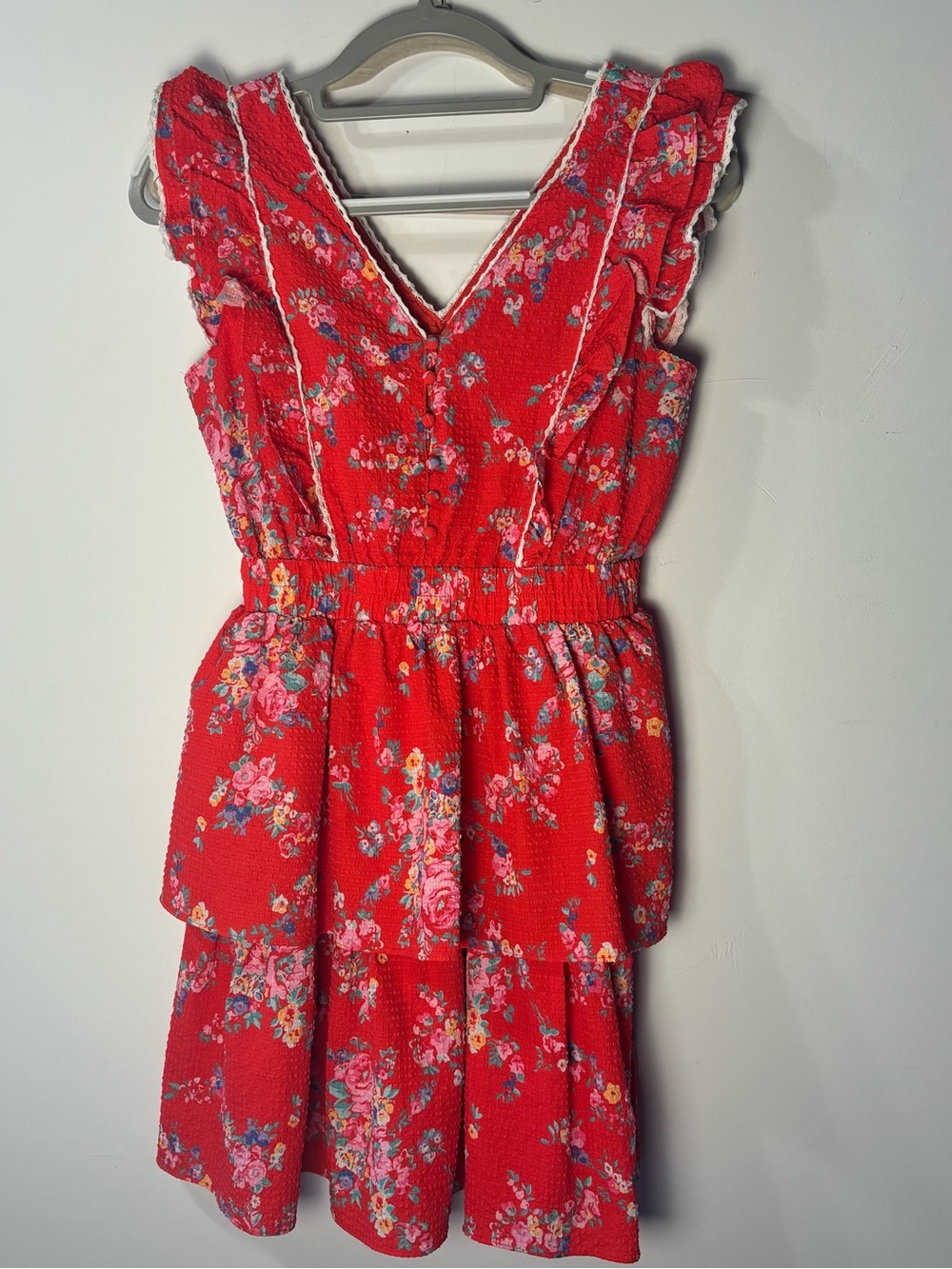 Betsey Johnson Red Floral Tiered Ruffle Dress
